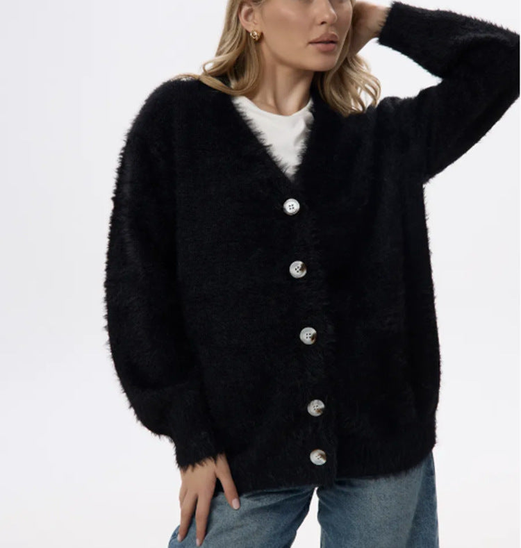 Women's fluffy mohair-look button cardigan with dropped shoulder and mother-of-pearl buttons Mune Fashion