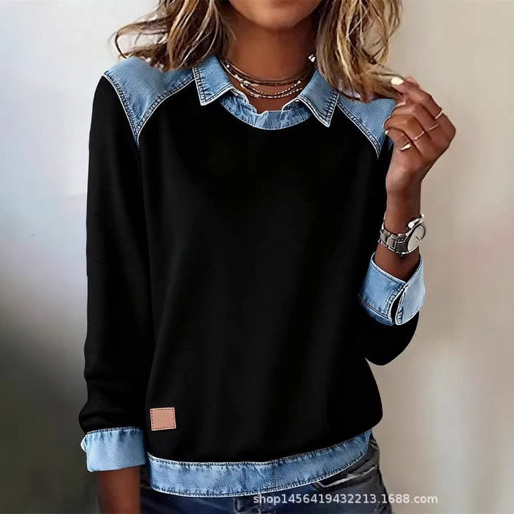 Women's knit sweater with denim collar and button placket Mune Fashion