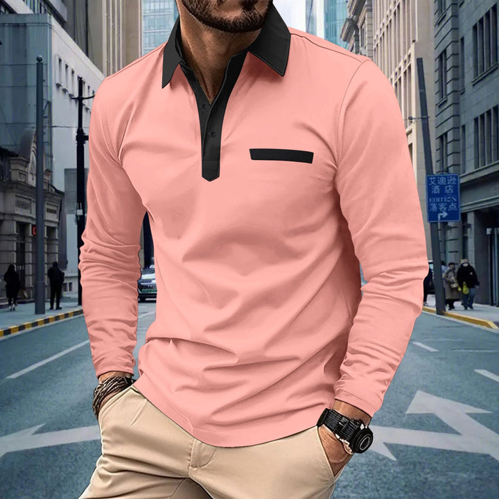Men's long sleeve polo shirt with contrasting collar, concealed button placket, and decorative chest stripe Mune Fashion