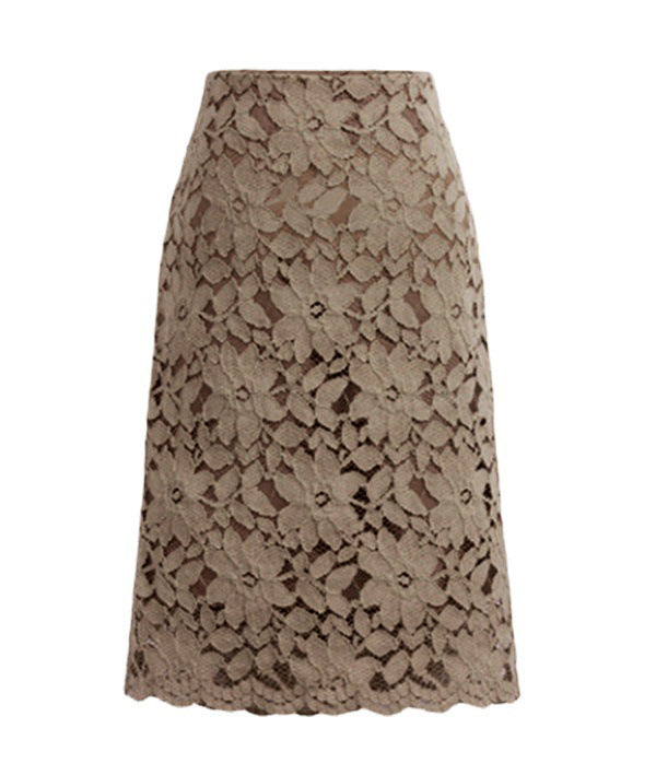 Ladies knee-length A-line lace skirt with floral appliqué lace, high waist and wavy hem Mune Fashion