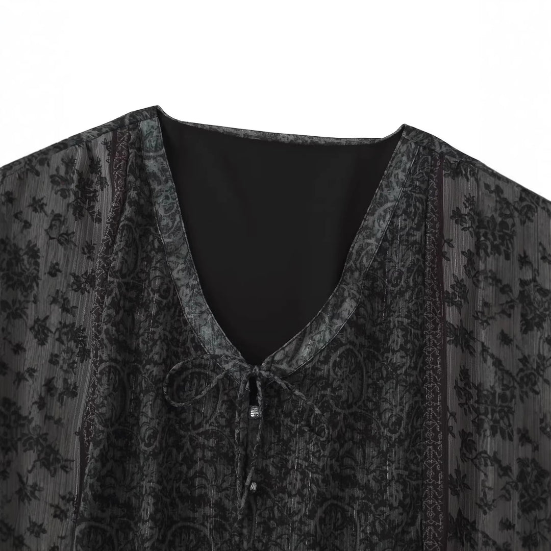 Women's sheer Paisley chiffon tunic with V-neck, drawstring and pearl detail Mune Fashion