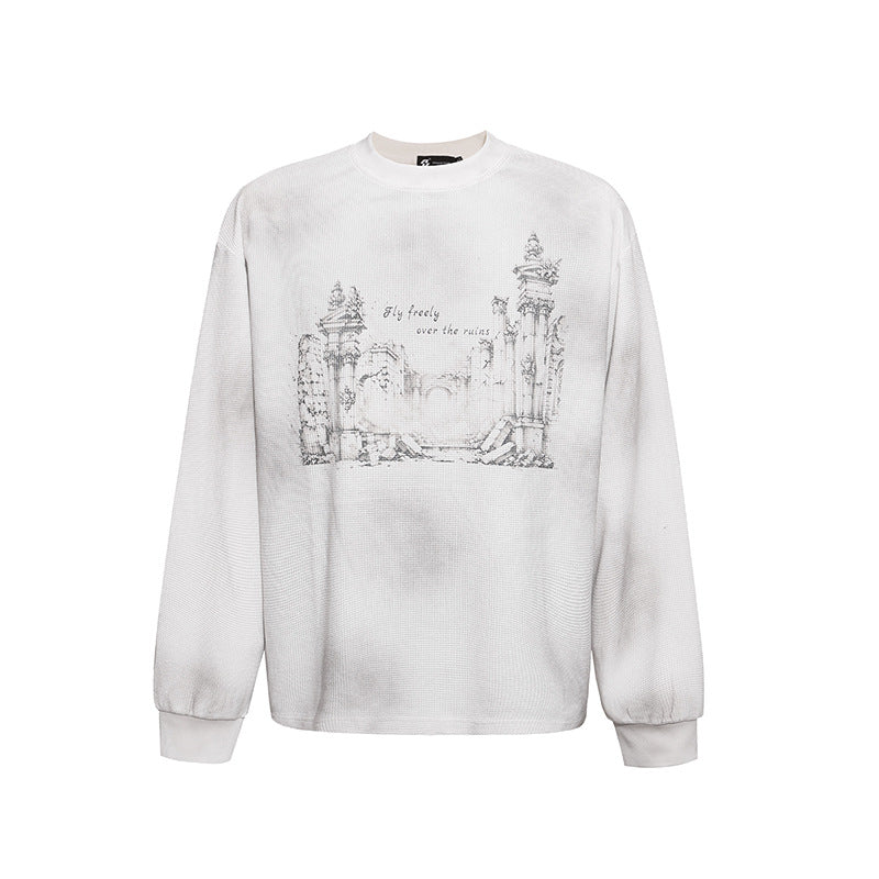 Women’s Oversized Sweatshirt with Waffle Texture, Round Neck and Ruins Sketch Print Mune Fashion