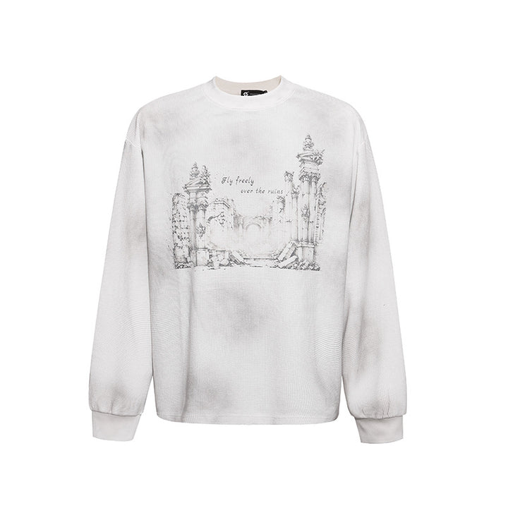Women’s Oversized Sweatshirt with Waffle Texture, Round Neck and Ruins Sketch Print Mune Fashion