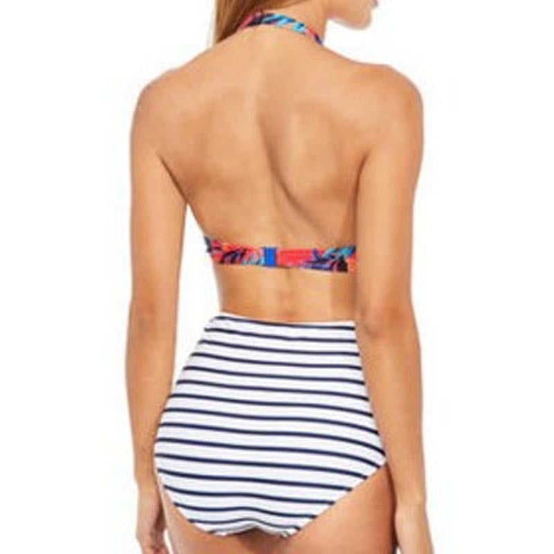 Ladies One-Piece Swimsuit with Round Neckline and Striped Design Mune Fashion