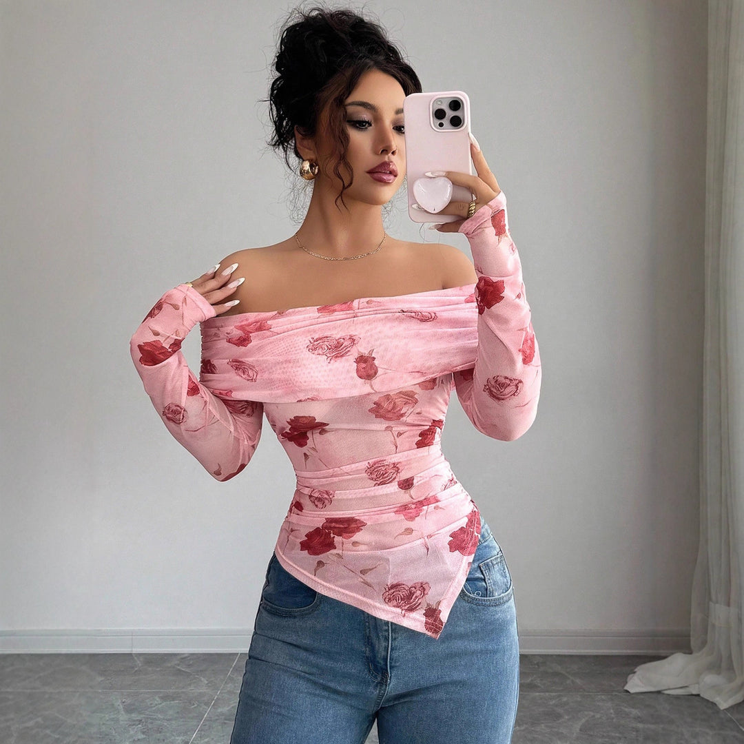 Women off-shoulder gathered long-sleeve top made of fine mesh with floral print and tailored silhouette Mune Fashion
