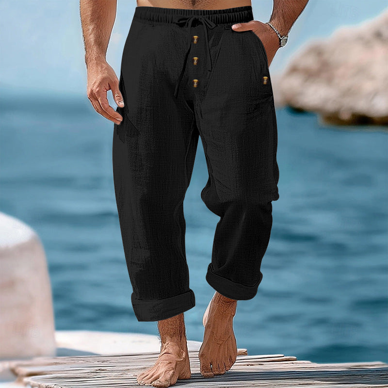 Men's casual linen-cotton pants with elastic waistband, drawstring, and rolled-up hem Mune Fashion