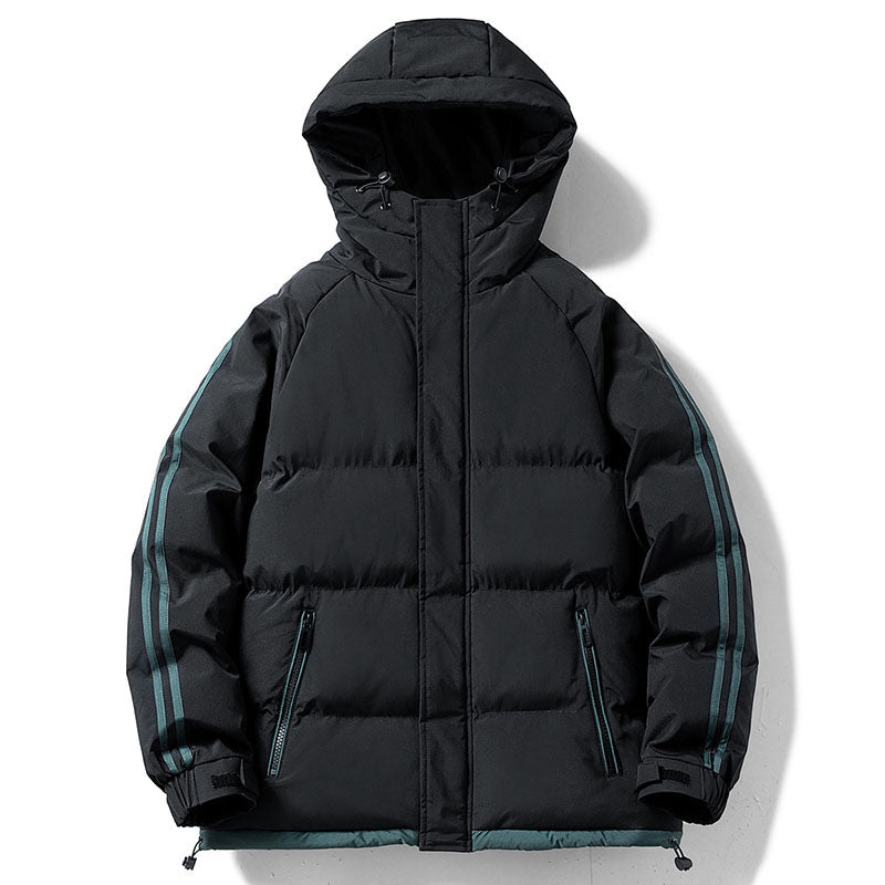 Men's padded hooded winter jacket with thermal lining, contrasting side stripes, and windproof outer shell Mune Fashion