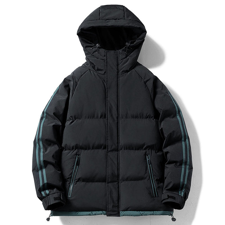 Men's padded hooded winter jacket with thermal lining, contrasting side stripes, and windproof outer shell Mune Fashion