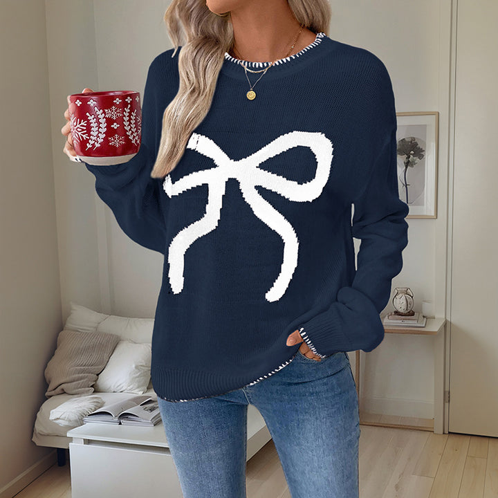 Women's Christmas Oversized Knit Sweater with Bow Motif and Ribbed Cuffs Mune Fashion