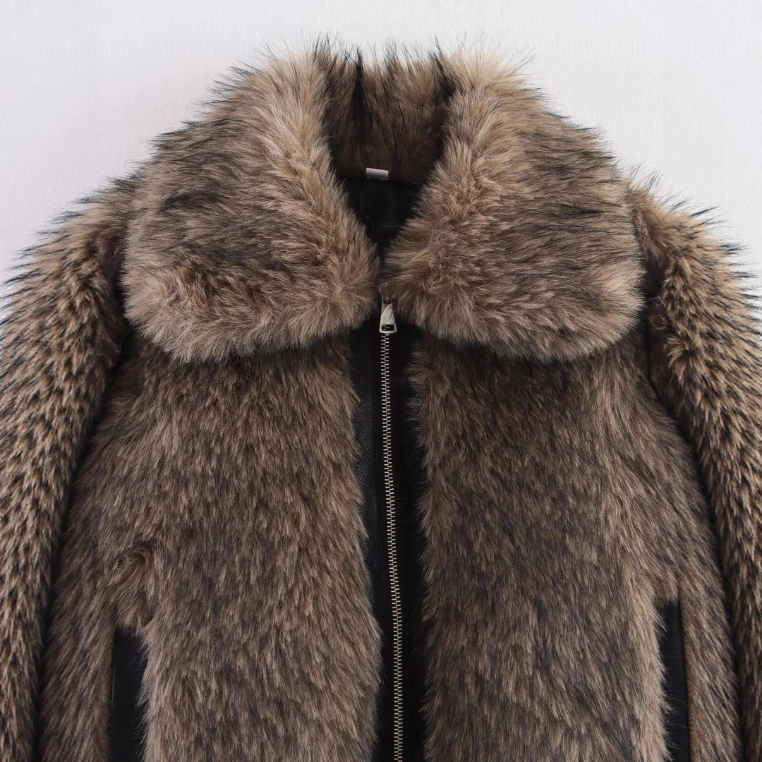 Women's short teddy bomber jacket with large shawl collar, zipper, and ribbed hem Mune Fashion