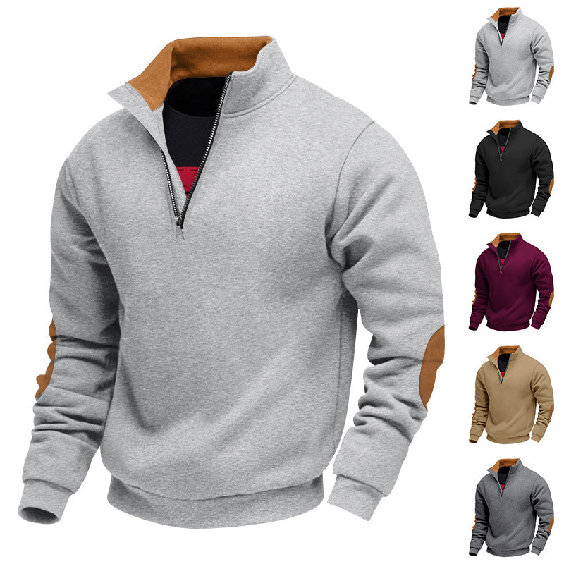 Men's nan Sweatshirt with half zipper, stand collar, and suede elbow patches Mune Fashion