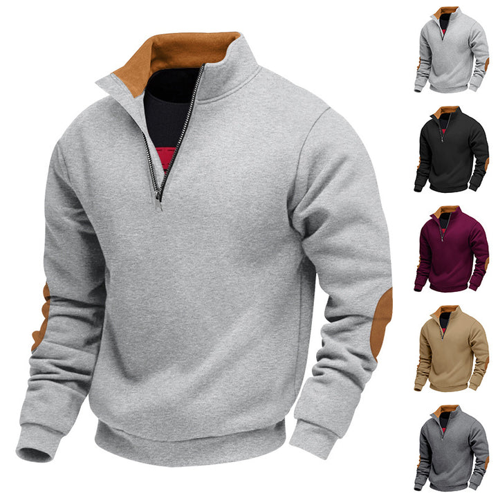 Men's nan Sweatshirt with half zipper, stand collar, and suede elbow patches Mune Fashion
