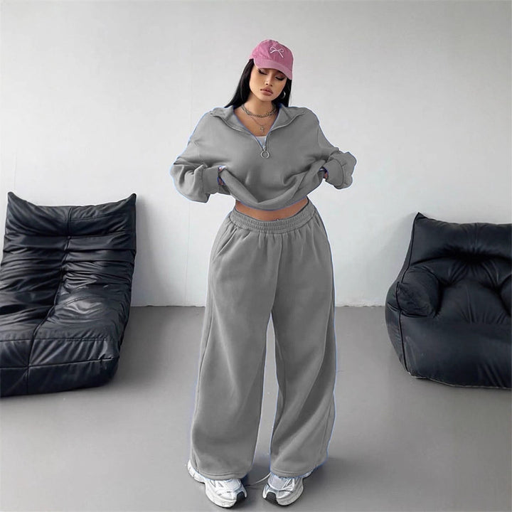 Women Velvet Cropped Zip Hoodie and Loose-Fitting High-Waist Palazzo Jogging Pants Mune Fashion