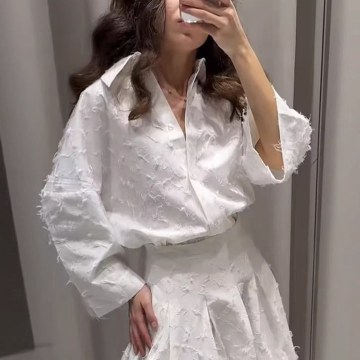 Ladies 300+ oversized structured blouse with fringe look and three-quarter sleeves Mune Fashion