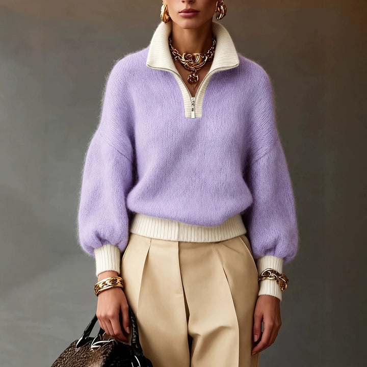 Women's Fluffy Sweater with Half Zipper, Stand Collar and Balloon Sleeves Mune Fashion