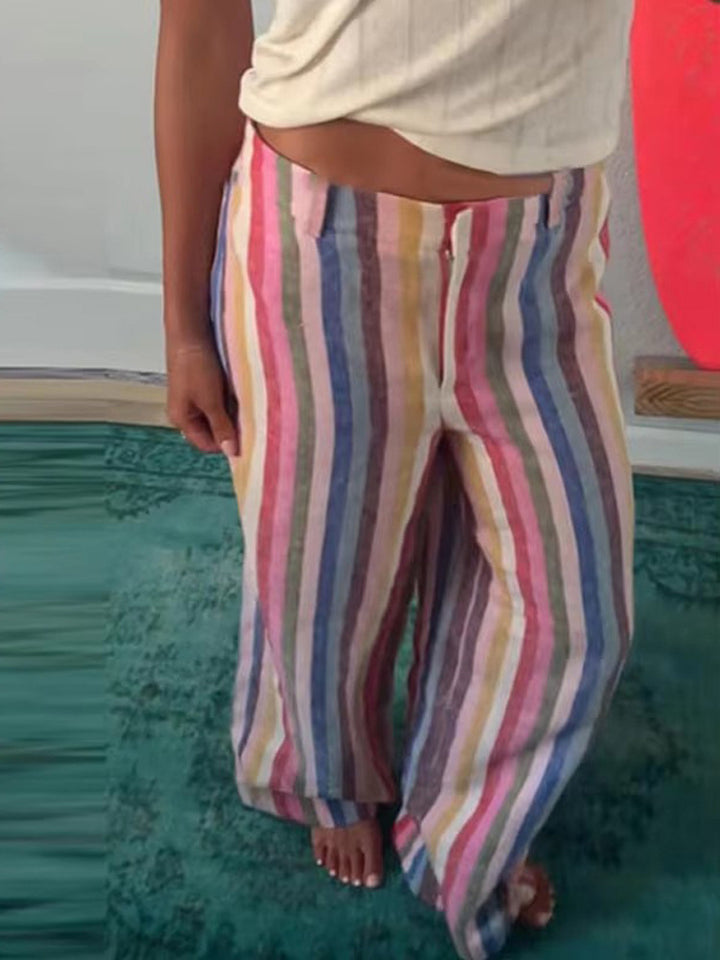 Women’s linen pants with wide leg, high waist & colorful striped pattern Mune Fashion