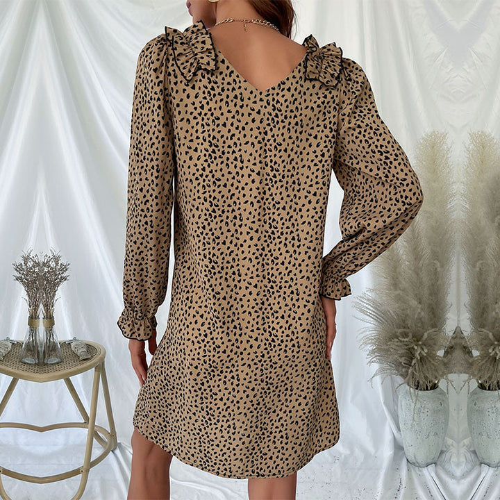 Ladies' mini dress with V-neck, ruffled collar, and subtle animal print Mune Fashion