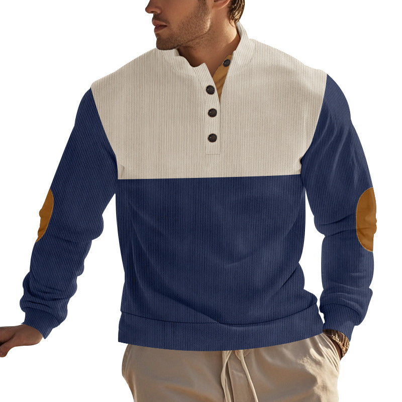 Men's structured Henley sweatshirt with stand-up collar, button placket, and leather elbow patches Mune Fashion