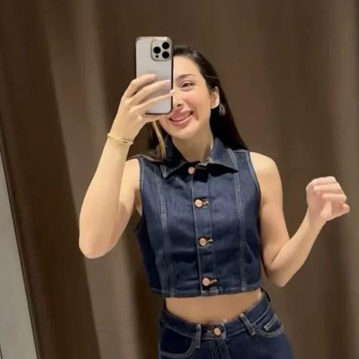 Women Short Cut Denim Vest with Tailored Paneling and Metal Button Placket Mune Fashion