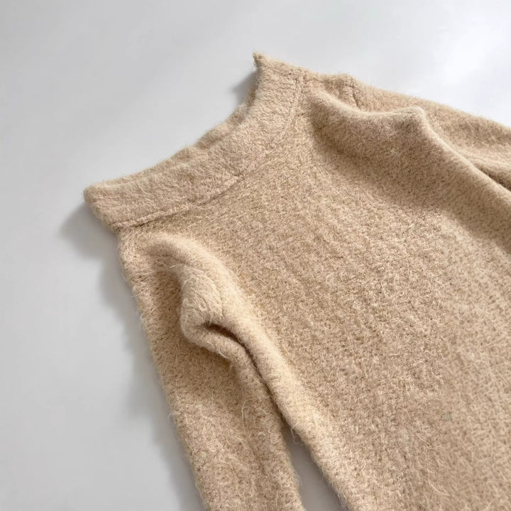 Women's Fuzzy Knit Sweater with Off-the-Shoulder Neckline and Lace Trim Mune Fashion