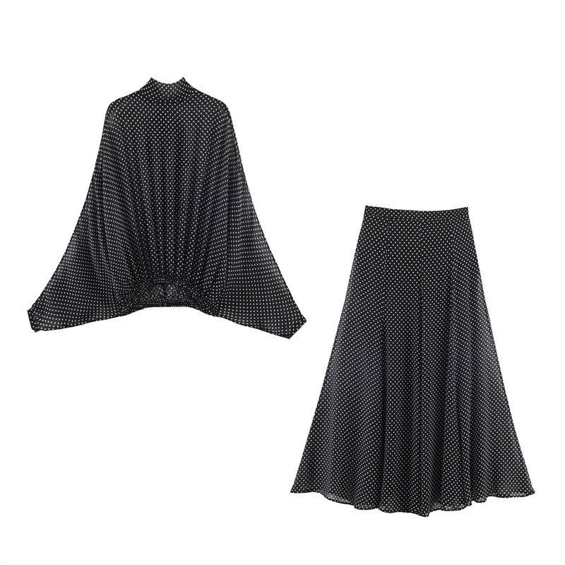 Women's Two-Piece Retro Polka Dot Set with Wide Batwing Top and Pleated Midi Skirt Mune Fashion