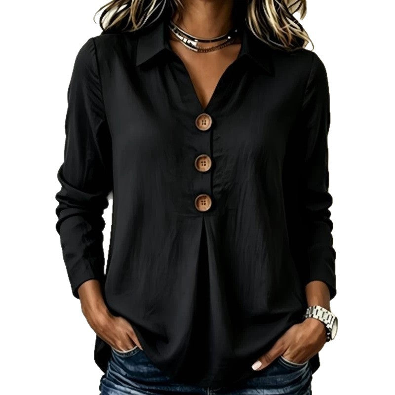 Women's Long Sleeve Shirt Blouse Top with Notched Collar and Decorative Button Placket Mune Fashion