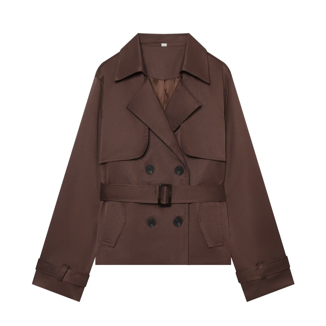 Women's Short Cropped Trench Coat with Double-Breasted Button Placket, Waist Belt, and Epaulettes Mune Fashion