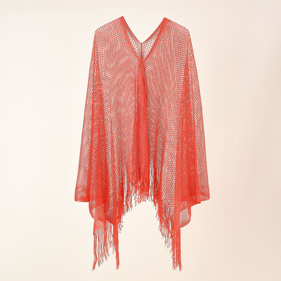 Ladies fine knit mesh stole with metallic shine and long fringes Mune Fashion