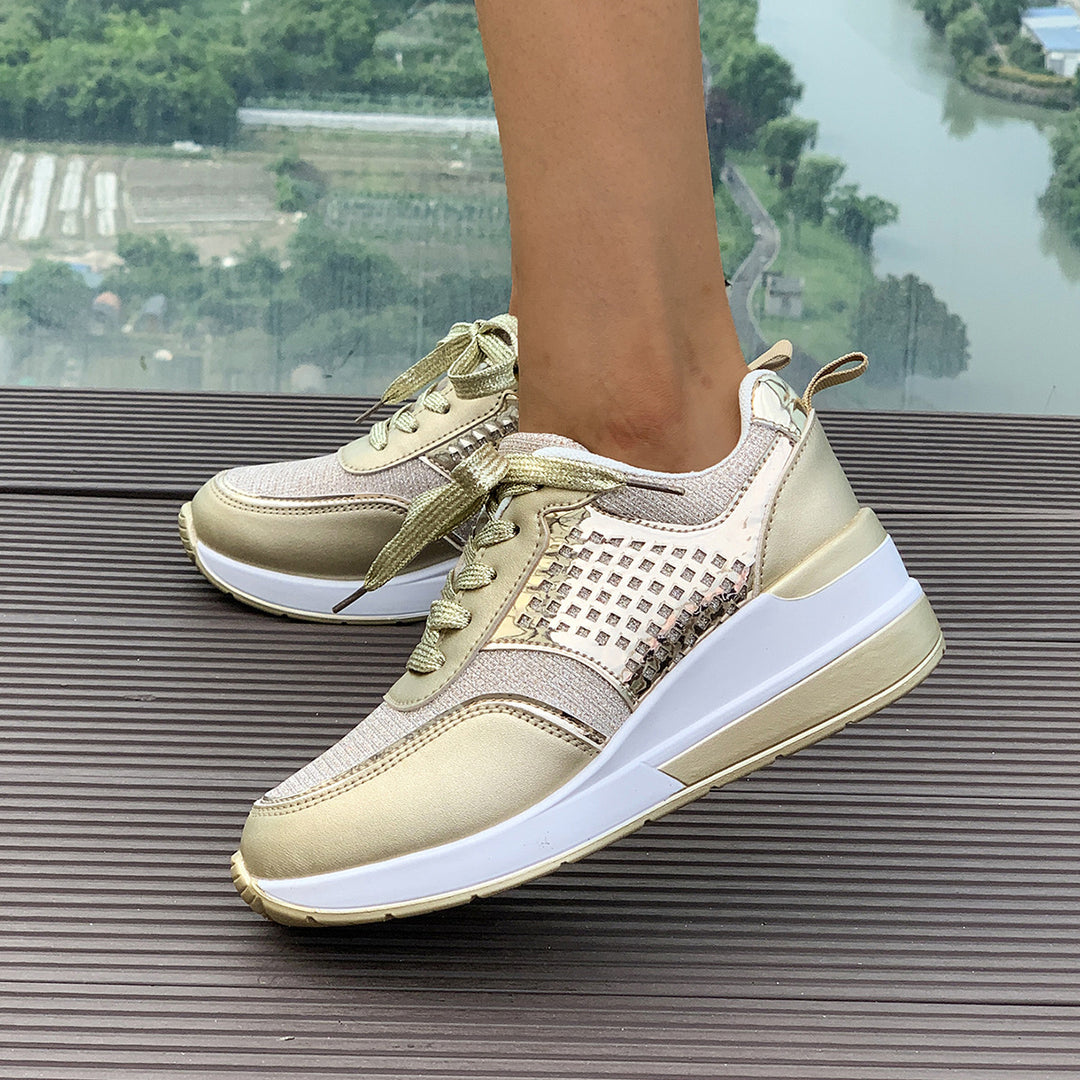 Women stylish wedge sneakers with metallic look large decorative stones and padded comfort footbed Mune Fashion