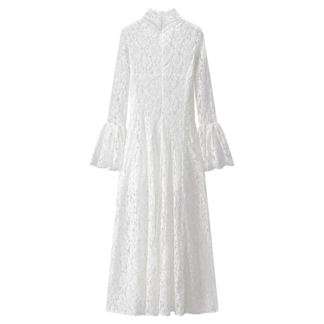 Ladies' lace dress with high collar, flared A-line and bell sleeves Mune Fashion