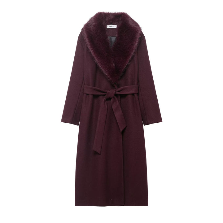 Women’s Long Wool Coat with Large Faux Fur Shawl Collar and Waist Belt Mune Fashion