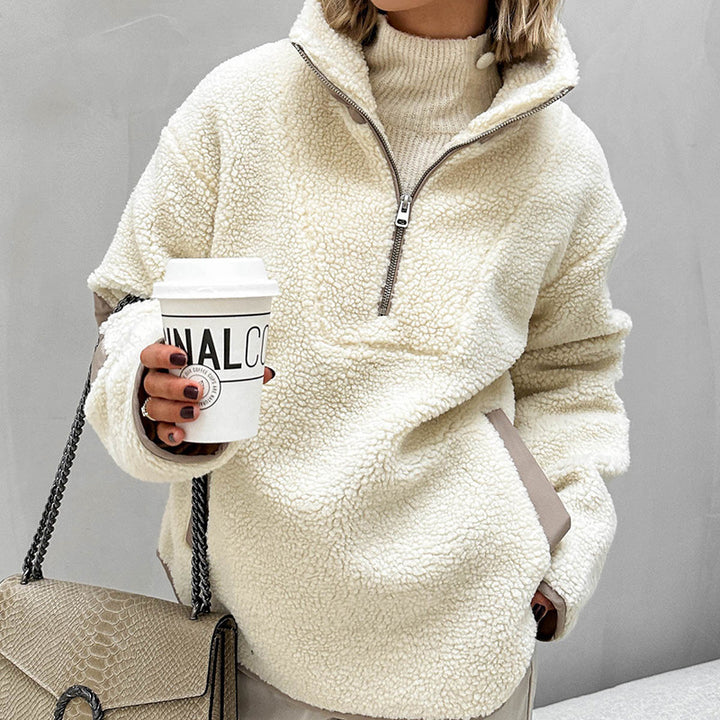Women's Oversized Sherpa-Fleece Pullover with Half Zipper and Kangaroo Pocket Mune Fashion