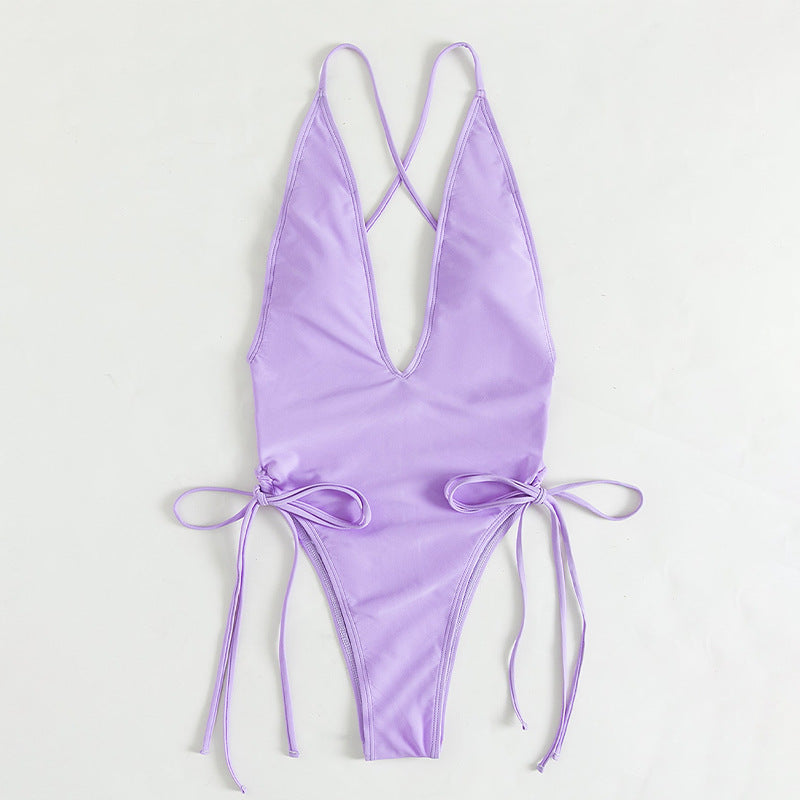 Women's One-Piece Swimsuit with Deep V-Neck and Adjustable Lace-Up Details Mune Fashion