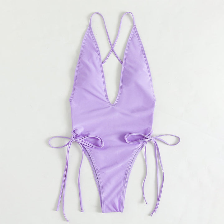Women's One-Piece Swimsuit with Deep V-Neck and Adjustable Lace-Up Details Mune Fashion