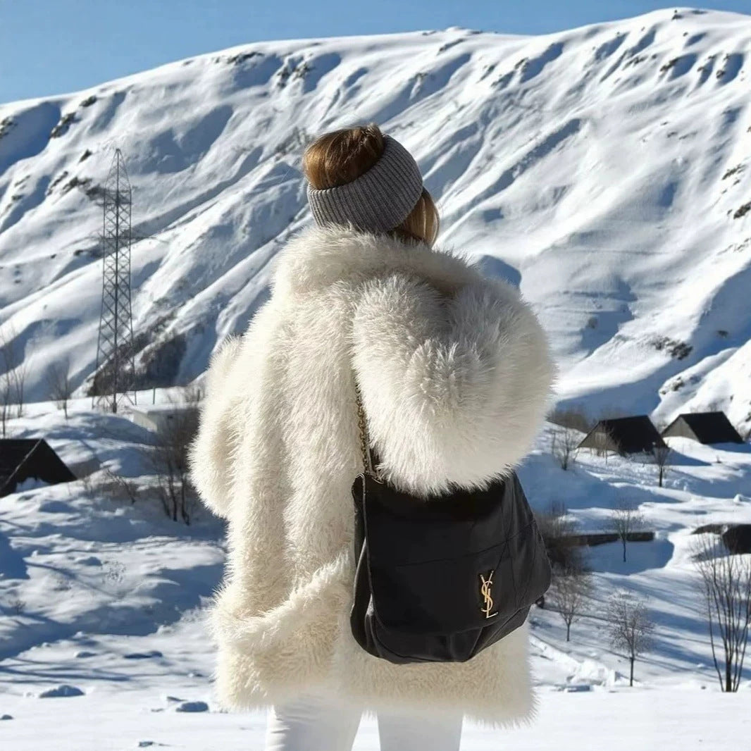 Women’s Maxi Faux Fur Coat with Voluminous Shawl Collar and Wrap Belt Mune Fashion