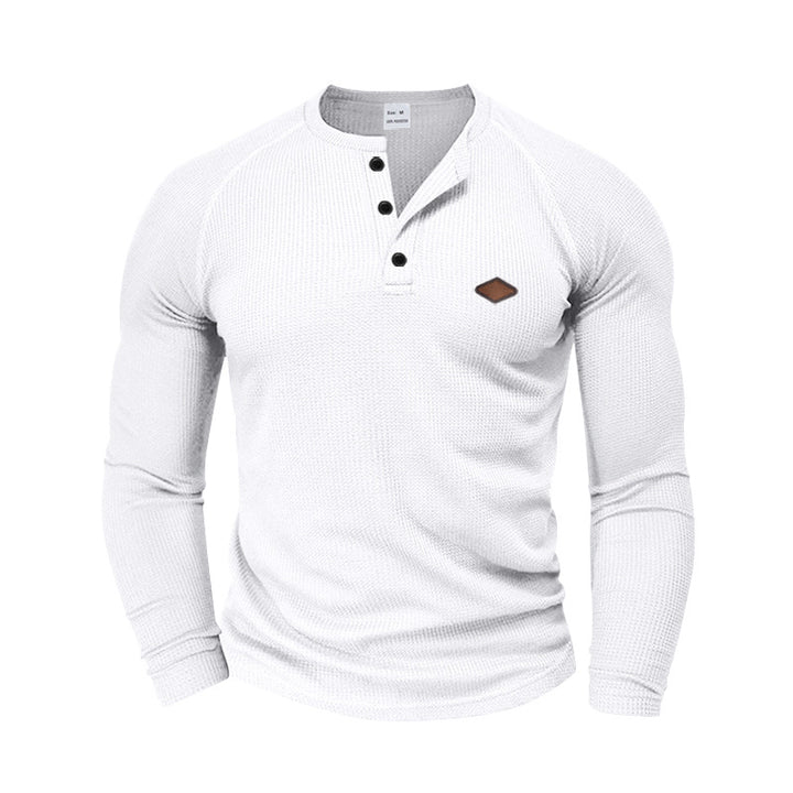 Men's structured waffle Henley shirt with short button placket, raglan sleeves, and leather patch Mune Fashion