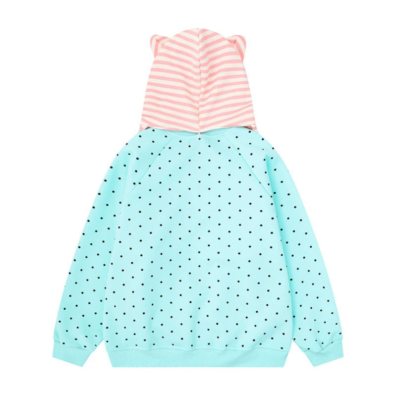 Women's Polka Dot Sweatshirt with Attached Striped Hood-Scarf and Star Appliqué Mune Fashion