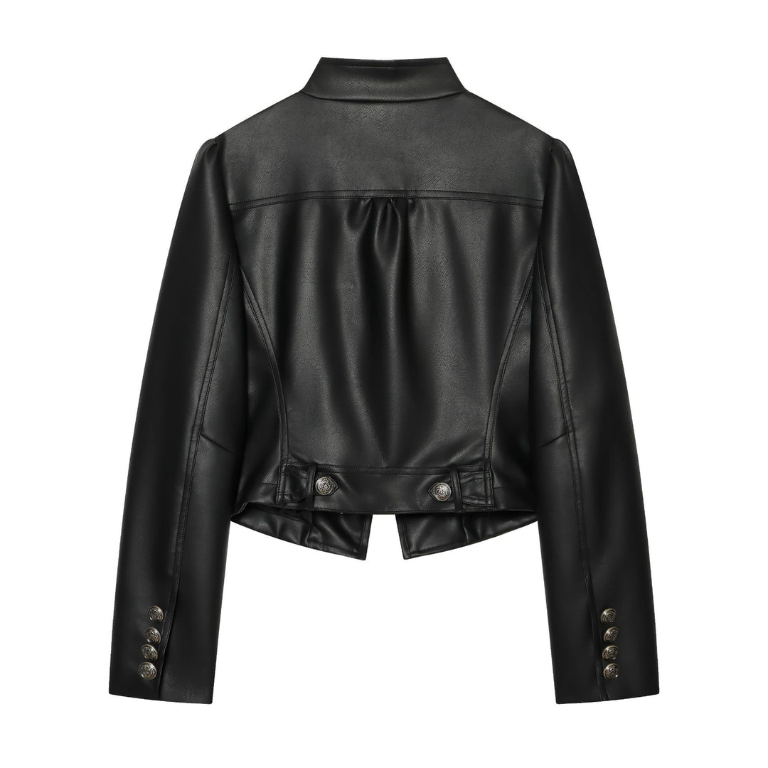 Women's Short Cut Faux Leather Bomber Jacket with Large Flap Pockets and Elastic Hem Mune Fashion