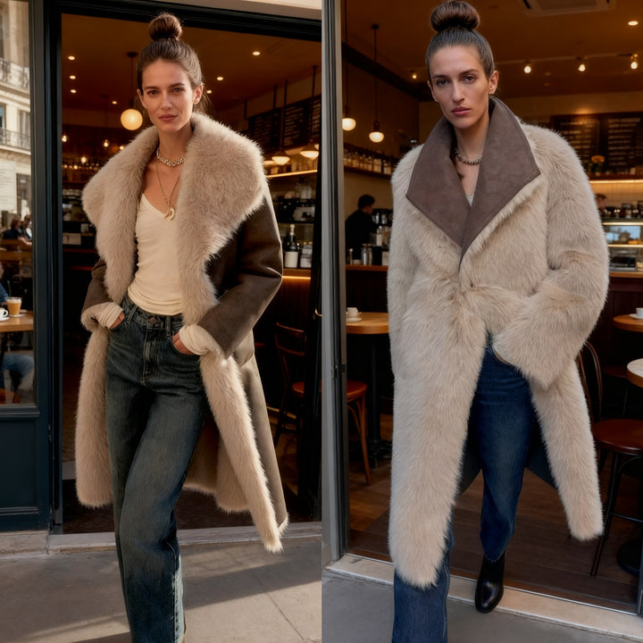 Women's Long Faux Fur Shearling Coat with Oversized Shawl Collar and Patch Pockets Mune Fashion