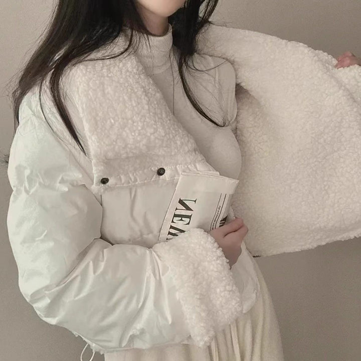 Women's short quilted puffer jacket with teddy collar, roll-up sleeves, and drawstring hem Mune Fashion