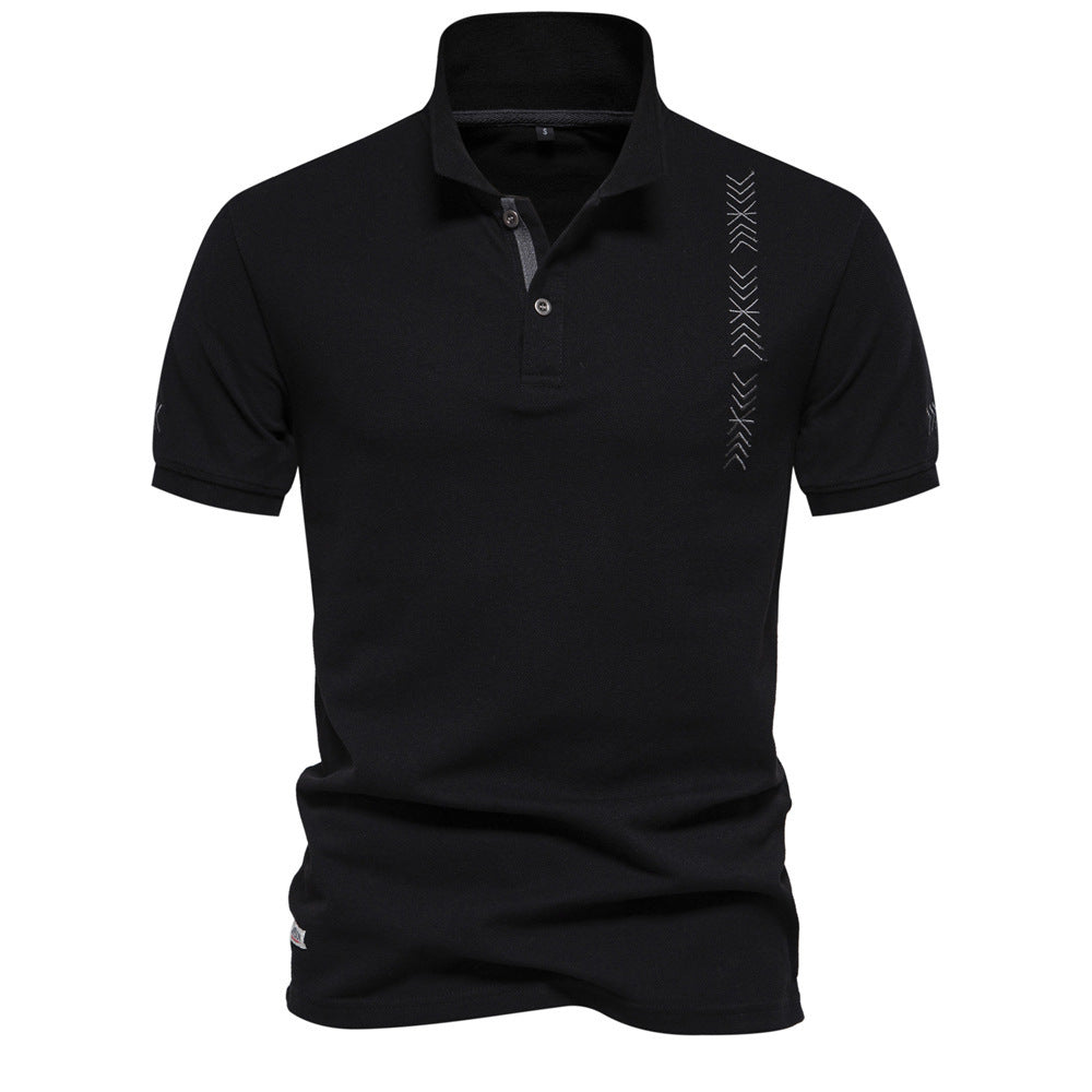 Men's nan casual polo with short button placket, embroidered arrow motif panel, and stand-up collar Mune Fashion