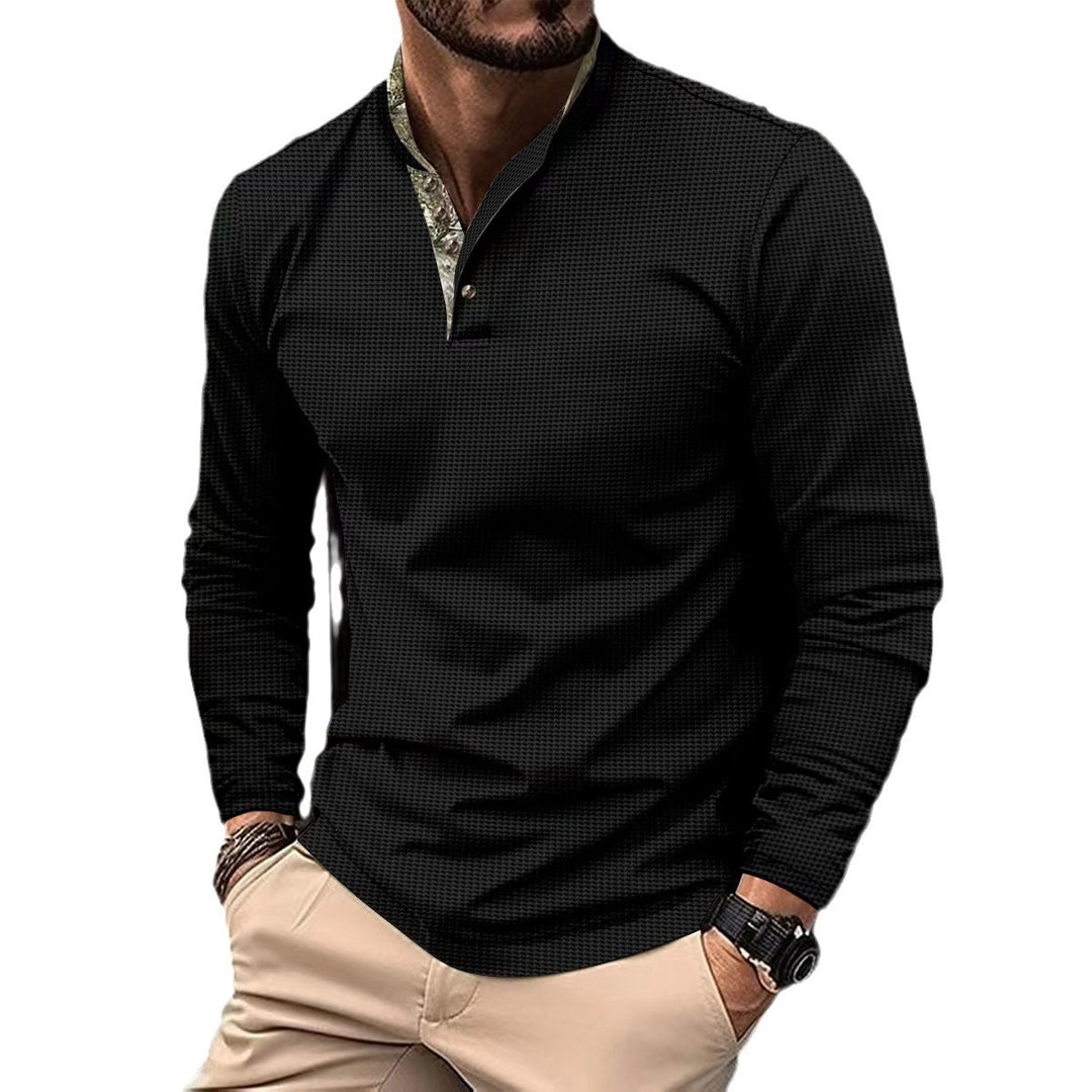 Men's long-sleeved Henley polo shirt with stand-up collar, fine texture, and patterned inner collar Mune Fashion