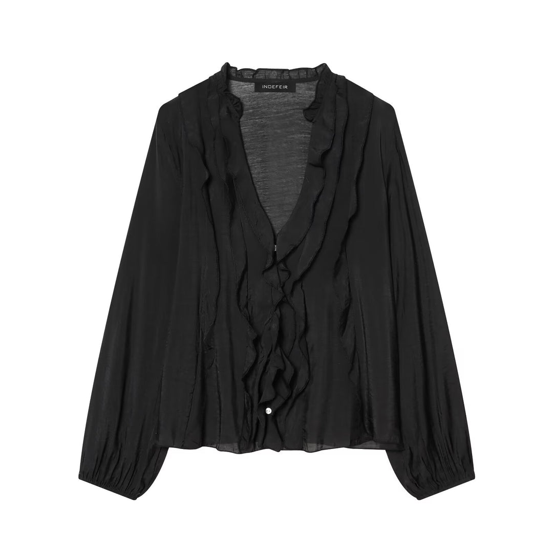 Women's Light Chiffon Blouse with Ruffle Button Placket and Balloon Sleeves Mune Fashion