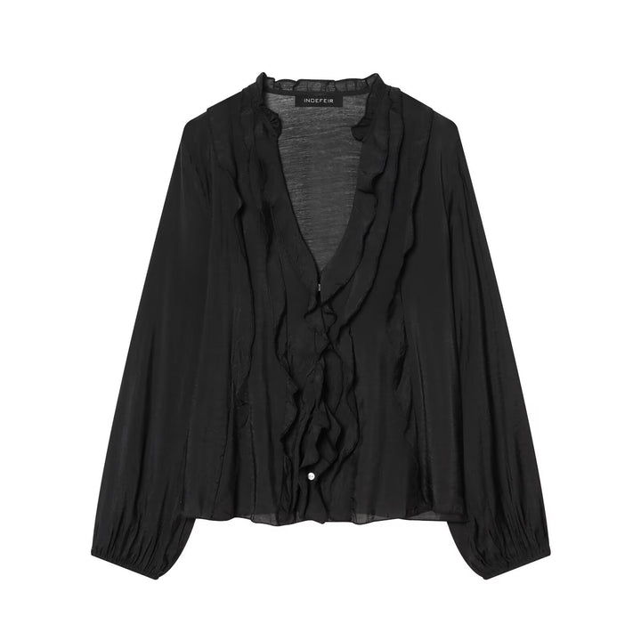 Women's Light Chiffon Blouse with Ruffle Button Placket and Balloon Sleeves Mune Fashion