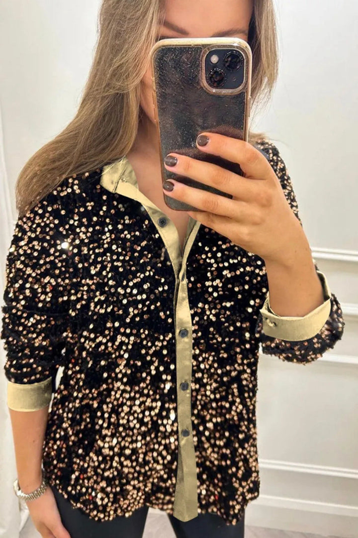 Women's shimmering sequin shirt blouse with collar, button placket, and elastic cuffs Mune Fashion
