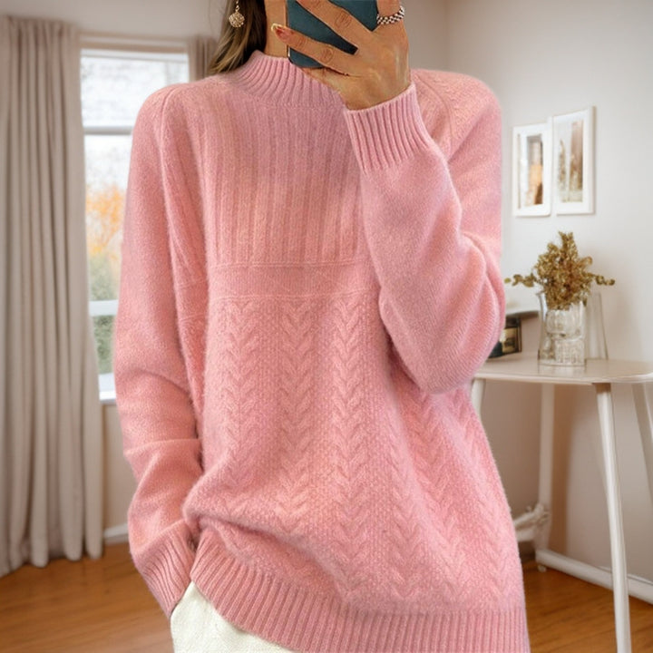 Women's cozy chunky knit round neck sweater with cable pattern and ribbed cuffs Mune Fashion