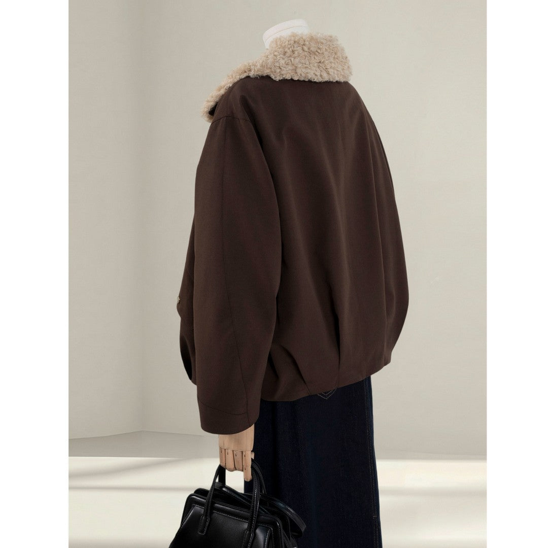 Women Short Oversized Bomber Jacket with Teddy Collar and Snap Button Details Mune Fashion