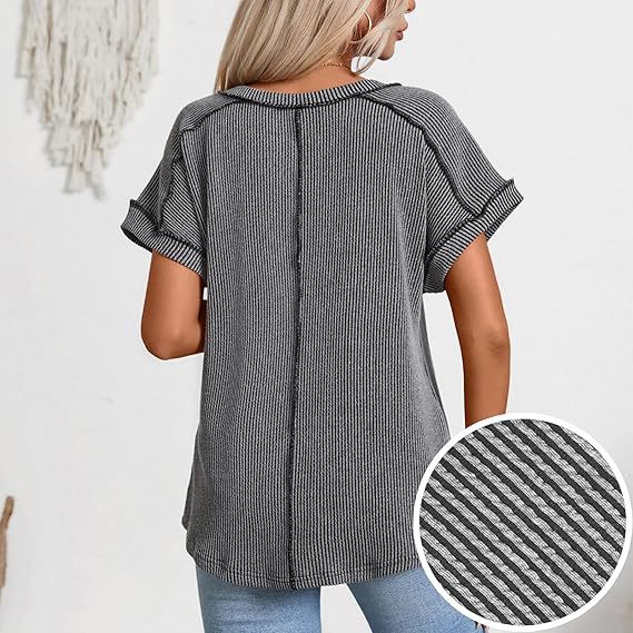 Women Ribbed V-Neck Short Sleeve Fine Knit Top with Turned Up Sleeves Mune Fashion