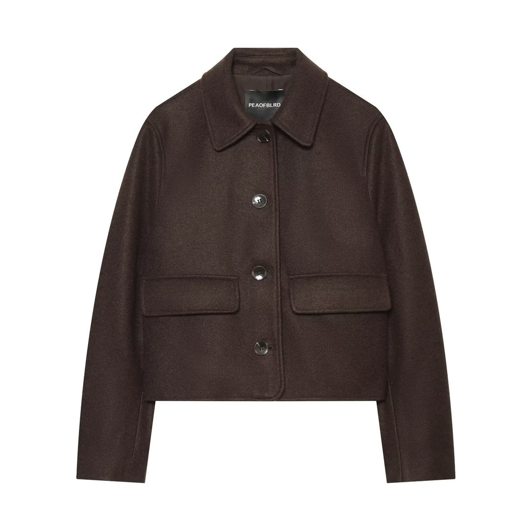 Women's Short Boxy Wool Blouson with Shirt Collar and Flap Pockets Drune