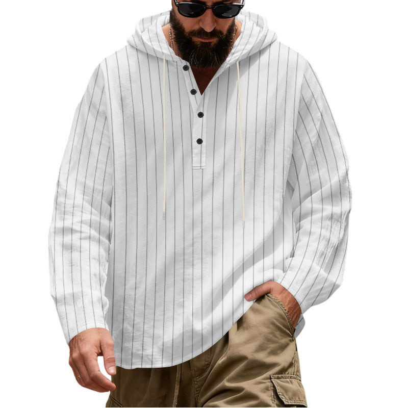 Men's Casual Hoodie Henley Shirt with Fine Pinstripes and Button Placket Mune Fashion